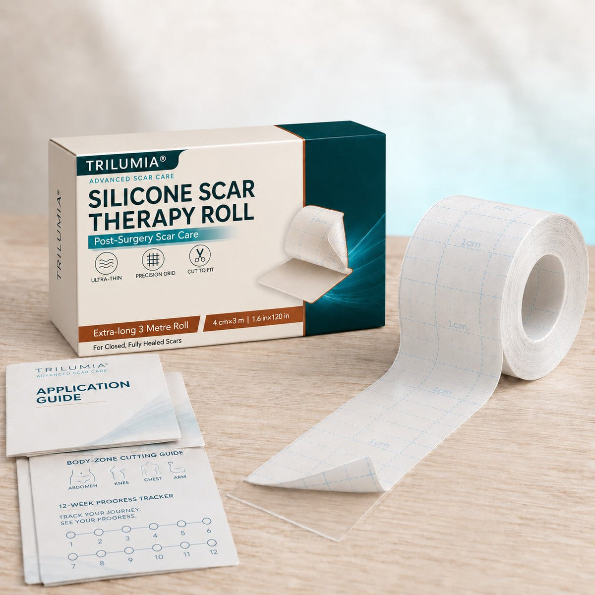 Silicone scar roll and removable measuring liner