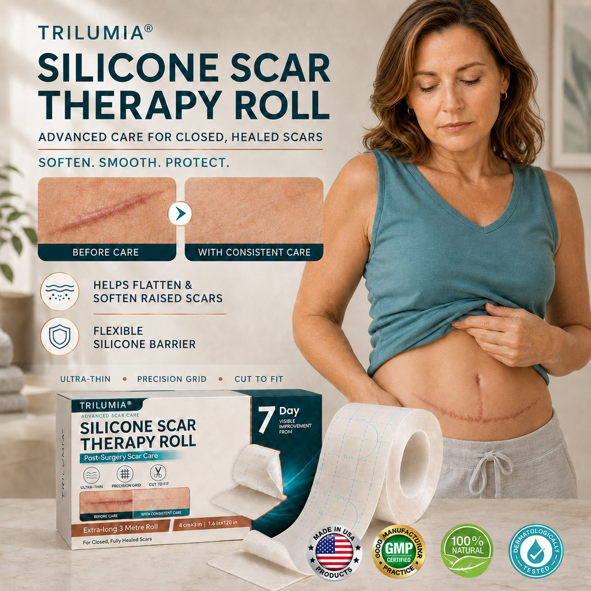 👩‍⚕️Trilumia® Silicone Scar Therapy Roll — Custom-Fit Care for Long, Raised Surgical Scars