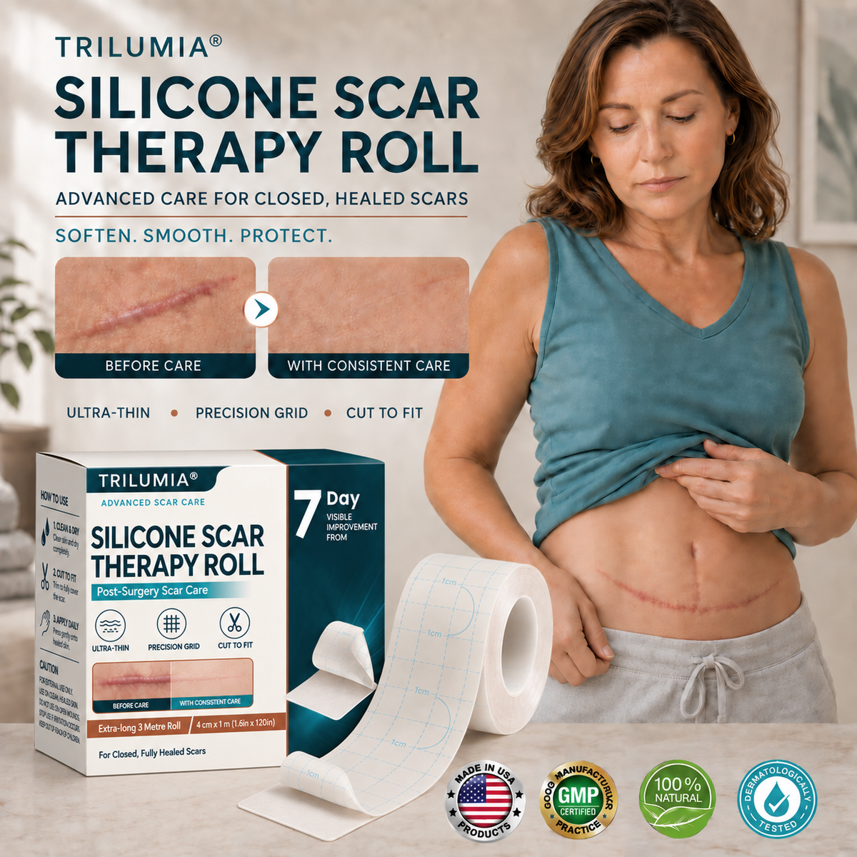 🪴Trilumia® Silicone Scar Therapy Roll — Custom-Fit Care for Long, Raised Surgical Scars